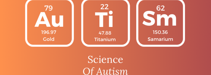 Orange gradient background with the elements from the periodic table that spell Autism. Science of Autism with my logo